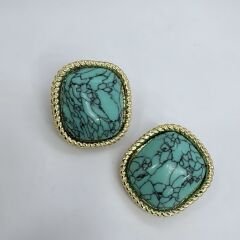 Kenarları Gold Çevrili Hareli Turkuaz Taş Vintage Küpe