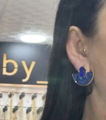Oval Taş Detay Hareli Yelpaze Model Küpe