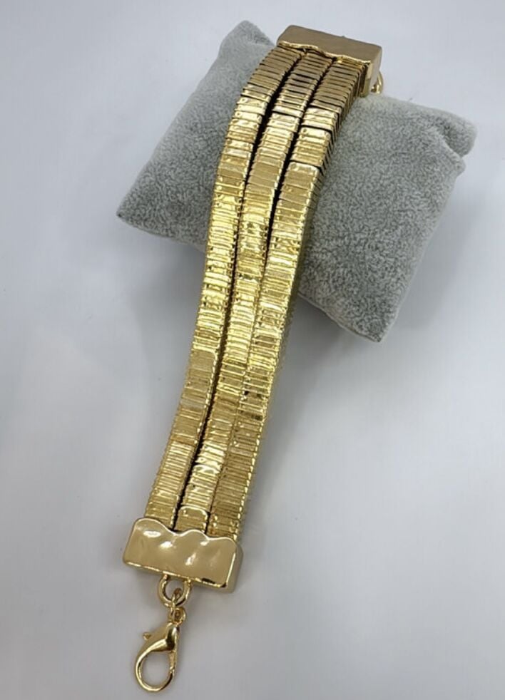 Özel Seri 14K Altın Kaplama  Kesik Plaka Üçlü Görünüm Model Bileklik (26cm)