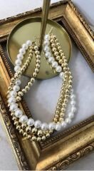 Özel Seri Gold Topçuk ve İncili Üç Sıra Kolye
