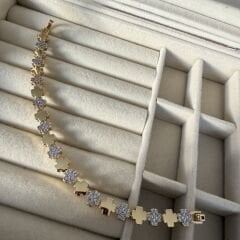 Özel Seri Zirkon Taşlı 14K Altın Kaplama Yonca Figür Bileklik