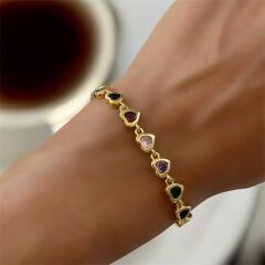 Özel Seri Renkli Kesme Taşlı 14K Altın Kaplama Kalp Bileklik