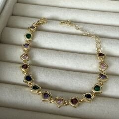 Özel Seri Renkli Kesme Taşlı 14K Altın Kaplama Kalp Bileklik