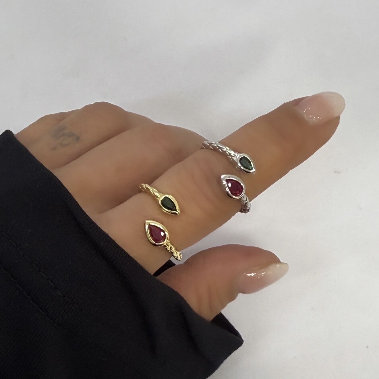 Özel Seri Bordo Yeşil Damla Kesme Taşlı Burgu Plaka Yüzük