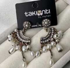 Taşlı İnci Sallantı Vintage Küpe