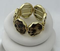 Gold Kıvrımlı Çerçeve Detay Oval Leopar Desen Esnek Bileklik