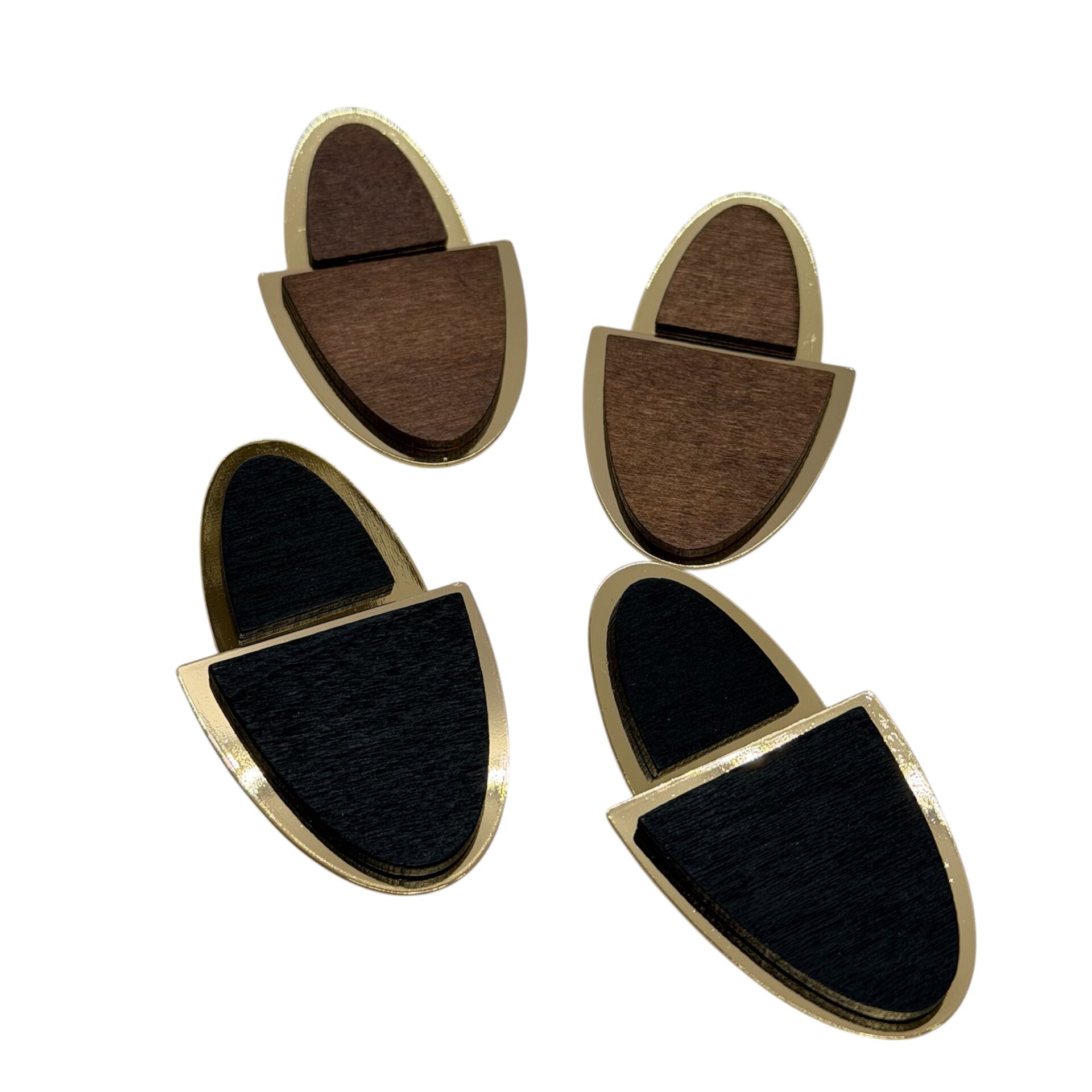 Gold Plaka Detay Büyüklü Küçüklü Yarım Oval Ahşap Küpe