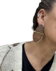 Gold Plaka Detay Büyüklü Küçüklü Yarım Oval Ahşap Küpe