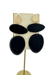 Gold Tırtıklı Daire Plaka Ahşap Oval Asimetrik Figür Sallantılı Küpe