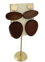 Gold Tırtıklı Daire Plaka Ahşap Oval Asimetrik Figür Sallantılı Küpe