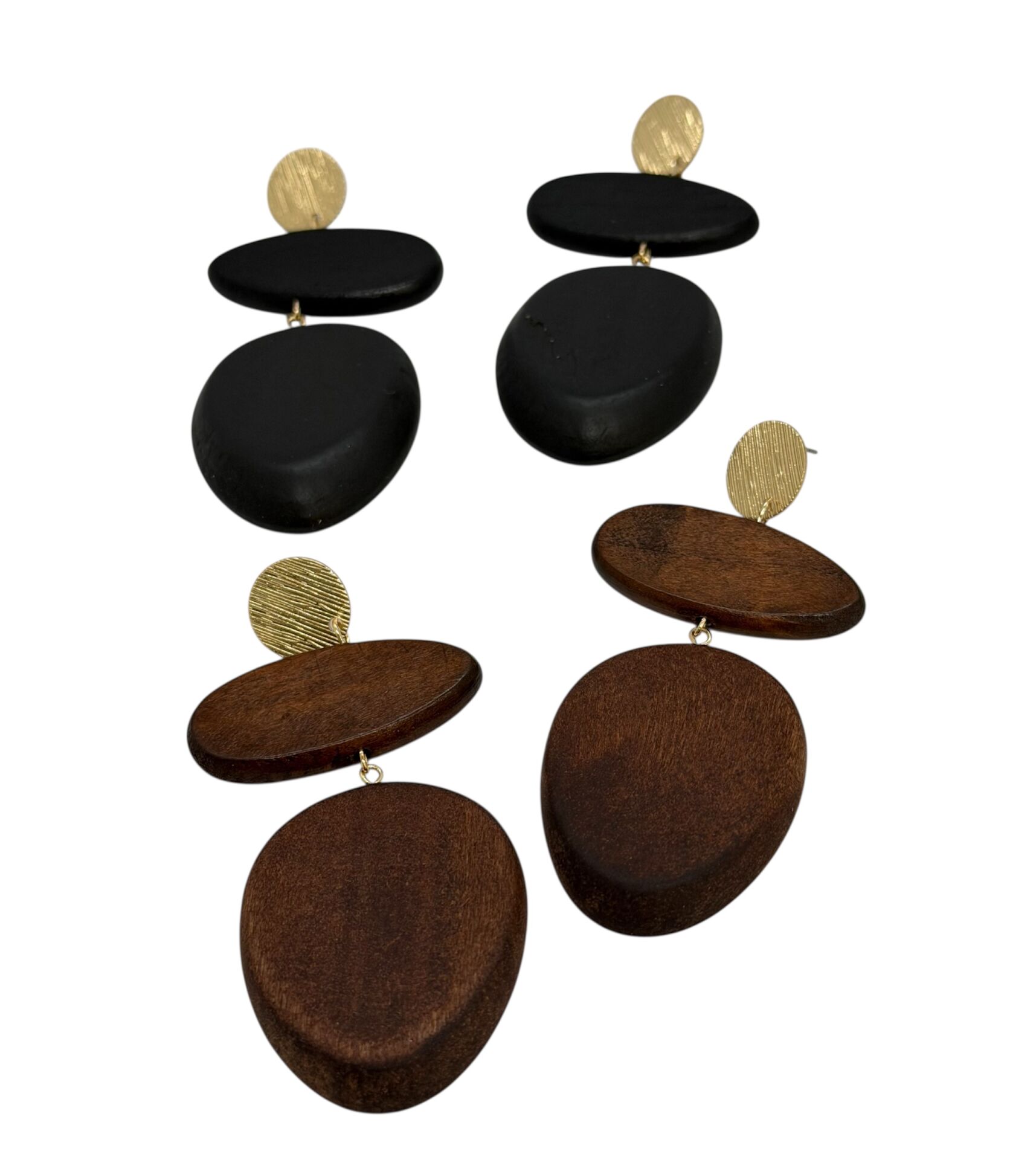 Gold Tırtıklı Daire Plaka Ahşap Oval Asimetrik Figür Sallantılı Küpe