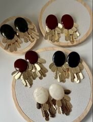 Oval Plakada Çoklu Gold Damla Plaka Sallantı Küpe