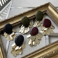 Oval Plakada Çoklu Gold Damla Plaka Sallantı Küpe