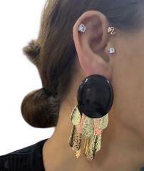 Oval Plakada Çoklu Gold Damla Plaka Sallantı Küpe