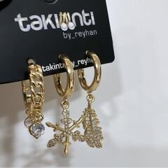 Özel Seri Zirkon Taşlı Figür Sallantı Üçlü Küpe