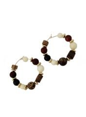 Tel Üzeri Gold Biye Detay Ahşap Renkli Boncuk Sıralı Halka Küpe (İç Çap:3 Cm)