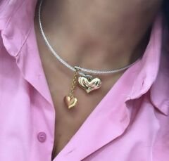Çelik Gümüş Burgu Detay Büyüklü Küçüklü Kalp Figür Sallantılı Choker Kolye