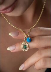 Özel Seri Topçuk Zincirde Renkli Baged Taş ve Nazar Sallantı Kolye