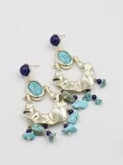 Özel Seri Asimetrik Plakada Turkuaz Taş Detay Küpe