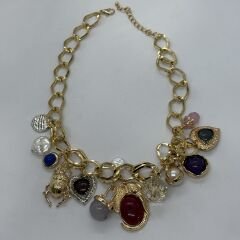 Gold Halka Zincir Detay Çoklu Charm Sallantılı Kolye (50 Cm)