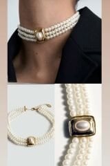 Tek Klipste Çoklu İnci Sıralı Dikdörtgen Plaka Detay Choker Kolye (36 Cm)