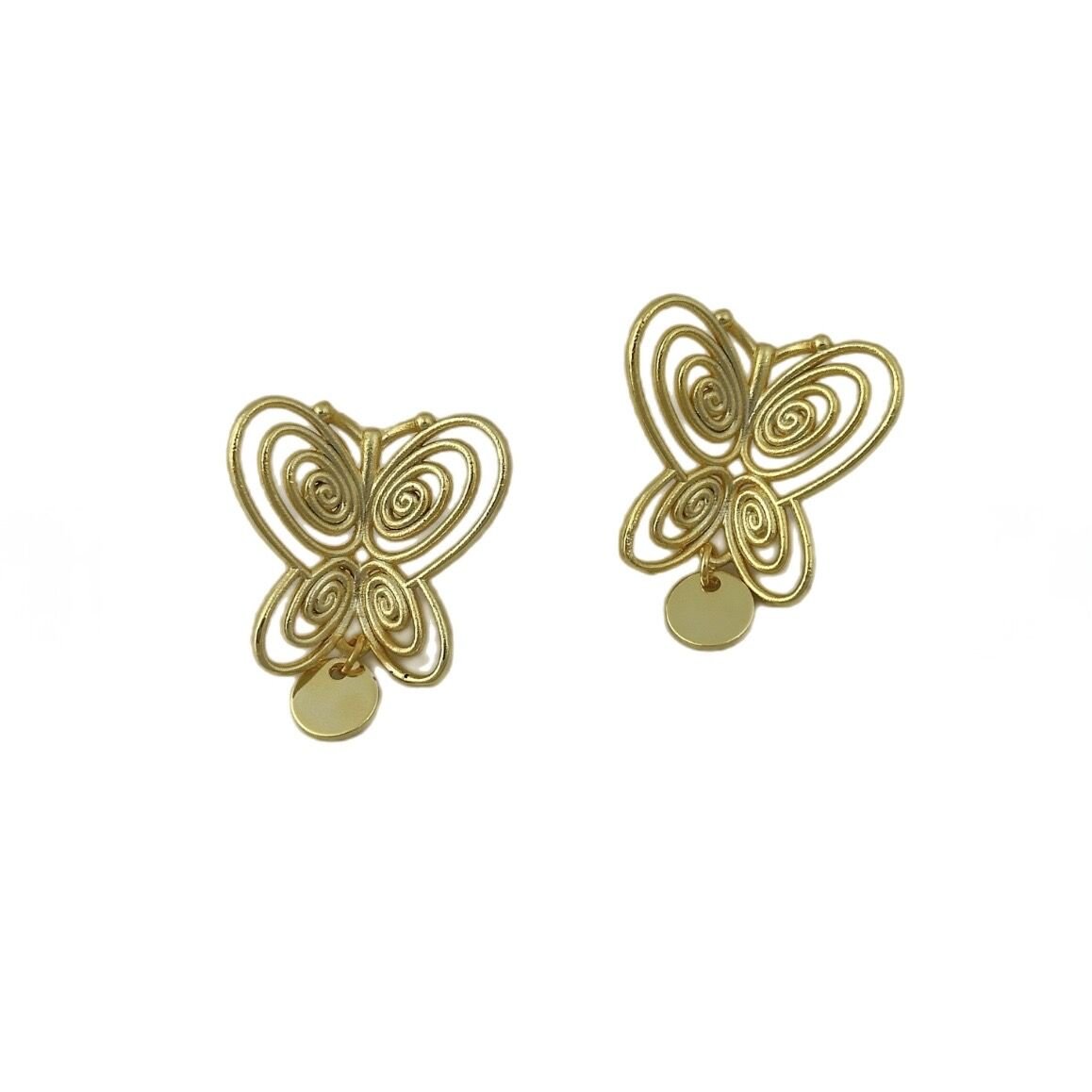 Özel Seri Tel Gold Kıvrımlı Plaka Pul Sallantılı Füsun Kelebek Küpe
