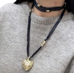Saten İp Gold Biye Detay Bombeli Desenli Kalp Figür Zara Model Kolye (130 Cm)