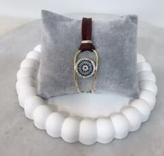 Bordo Süet Detay Oval Plakada Zirkon Taşlı Nazar Bileklik
