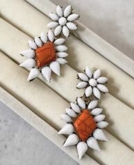 Marka Çiçek Model Mermer Desen Turuncu Taş Detay Küpe