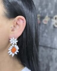 Marka Çiçek Model Mermer Desen Turuncu Taş Detay Küpe
