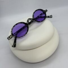 Gri Leopar Desen Mor Cam Oval Retro Güneş Gözlüğü