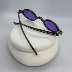 Gri Leopar Desen Mor Cam Oval Retro Güneş Gözlüğü