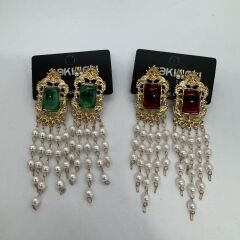 Vintage Taş Detay İnci Sallantı Küpe