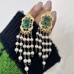 Vintage Taş Detay İnci Sallantı Küpe