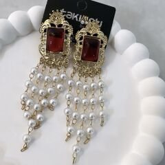 Vintage Taş Detay İnci Sallantı Küpe