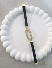 Oval Zirkon Taşlı Siyah Deri Bileklik