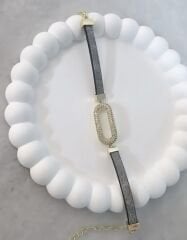 Oval Zirkon Taşlı Gri Deri Bileklik