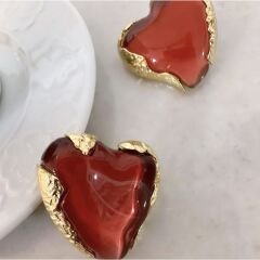 Bordo Taşlı Dövme Plaka Kalp Küpe