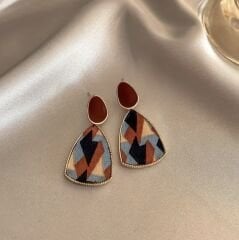 Özel Seri Bordo Taşlı Renkli Geometrik Desen Sallantı Vintage Küpe