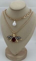 Özel Seri Kırmızı Ve Zirkon Detay İkili Arı İnci Sallantılı Marka Model Kolye