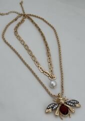 Özel Seri Kırmızı Ve Zirkon Detay İkili Arı İnci Sallantılı Marka Model Kolye