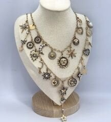 Özel Seri Marka Model Etnik Desen Çoklu Charm Sallantı İkili Kolye (70cm-49cm)