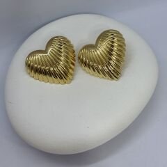 Gold Tırtıklı Bombeli Plaka Kalp Küpe