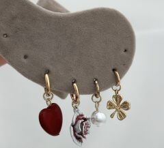Çoklu Figür Sallantılı Çiçek Ve Kalp Set Küpe