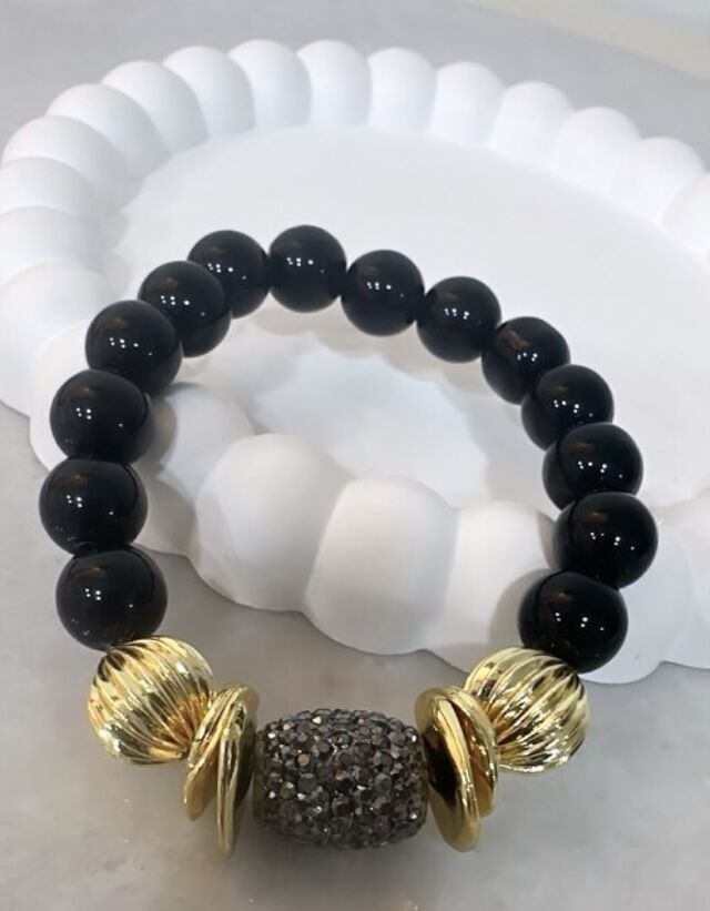 Oval Zirkon Taş Detay Gold Plaka Boncuk Bileklik
