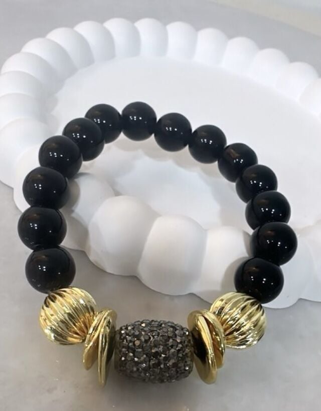 Oval Zirkon Taş Detay Gold Plaka Boncuk Bileklik