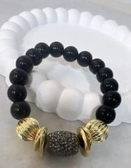 Oval Zirkon Taş Detay Gold Plaka Boncuk Bileklik