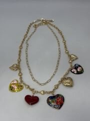 Renkli Mineli Çoklu Kalp Charm Sallantılı Marka Model İkili Kolye (55 Cm-62 Cm)