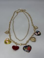 Renkli Mineli Çoklu Kalp Charm Sallantılı Marka Model İkili Kolye (55 Cm-62 Cm)