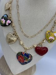 Renkli Mineli Çoklu Kalp Charm Sallantılı Marka Model İkili Kolye (55 Cm-62 Cm)